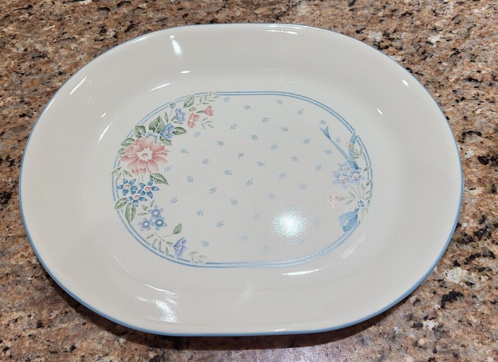 Corelle Blue Symphony 12 1/4" x 10" Platter Blue Stripe Peach Flower